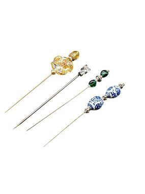 Set Of 4 Vintage Hat Pins With Glass Beads & Porcelain Accents Gold & Silver Ton
